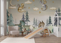 Flying purple dragon with golden stars and clouds wall mural for playroom