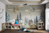Whimsical wall mural featuring dragons, stars, and clouds against a misty forest.