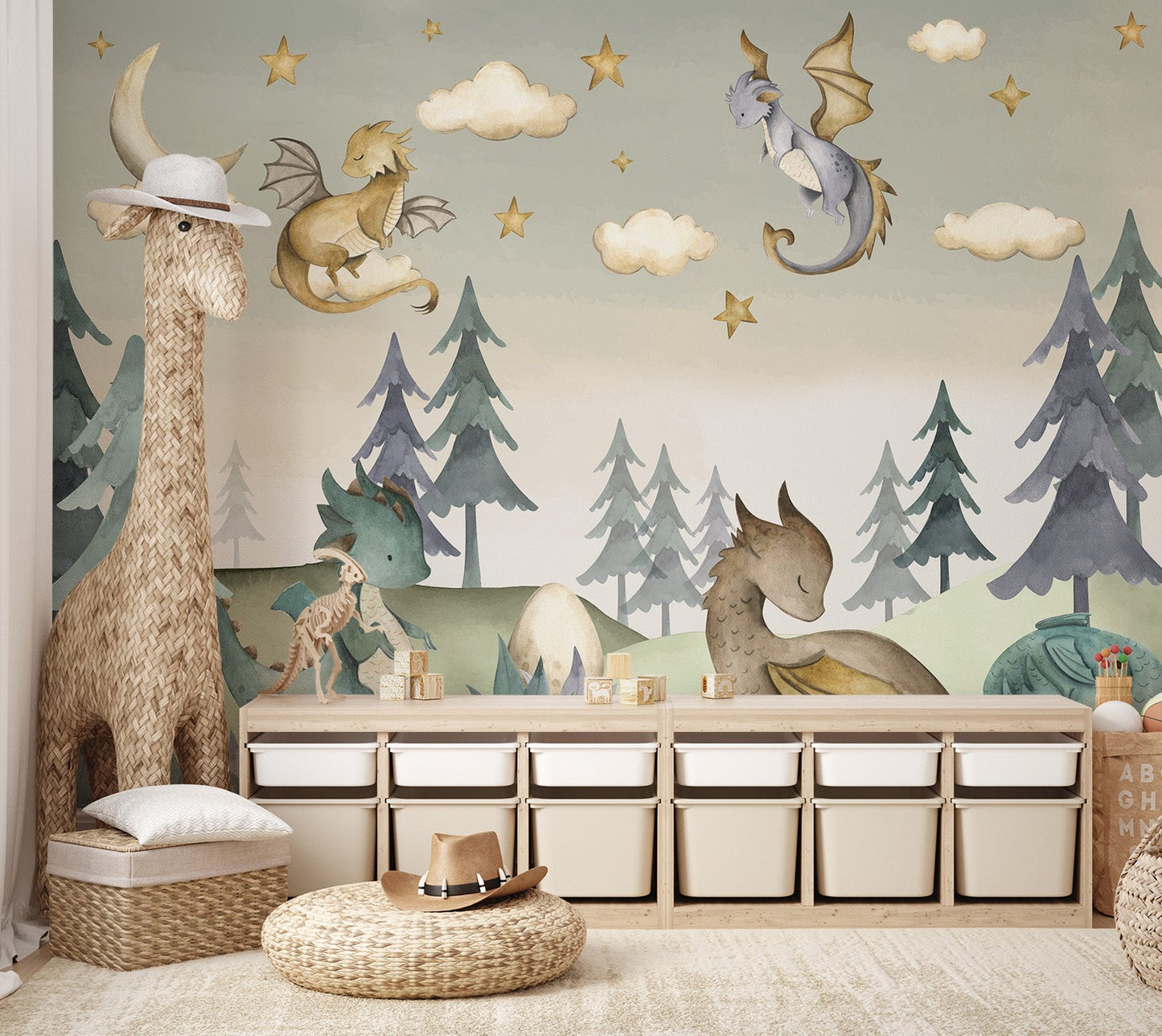 Pastel mural of dragons in a forest clearing with egg nestled among plants.