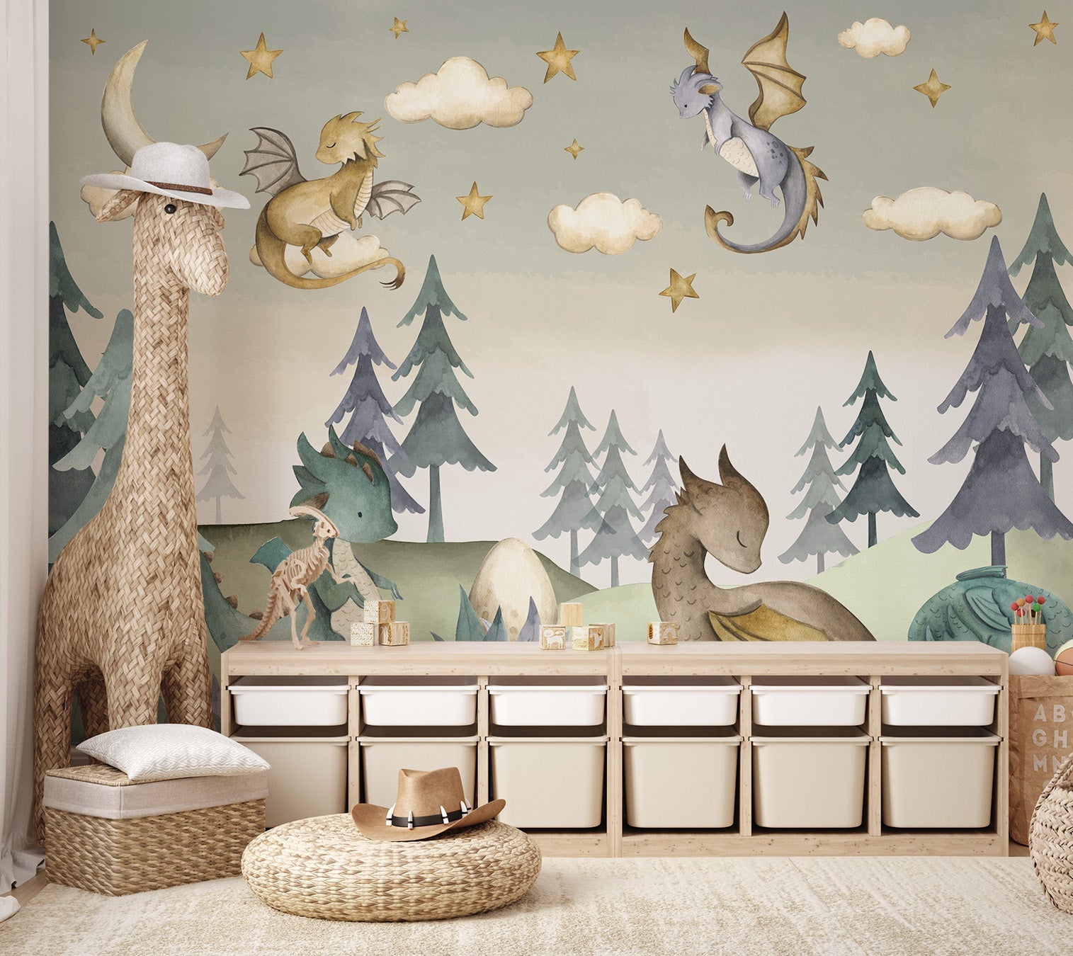 Pastel mural of dragons in a forest clearing with egg nestled among plants.