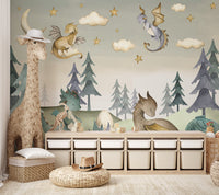 Pastel mural of dragons in a forest clearing with egg nestled among plants.
