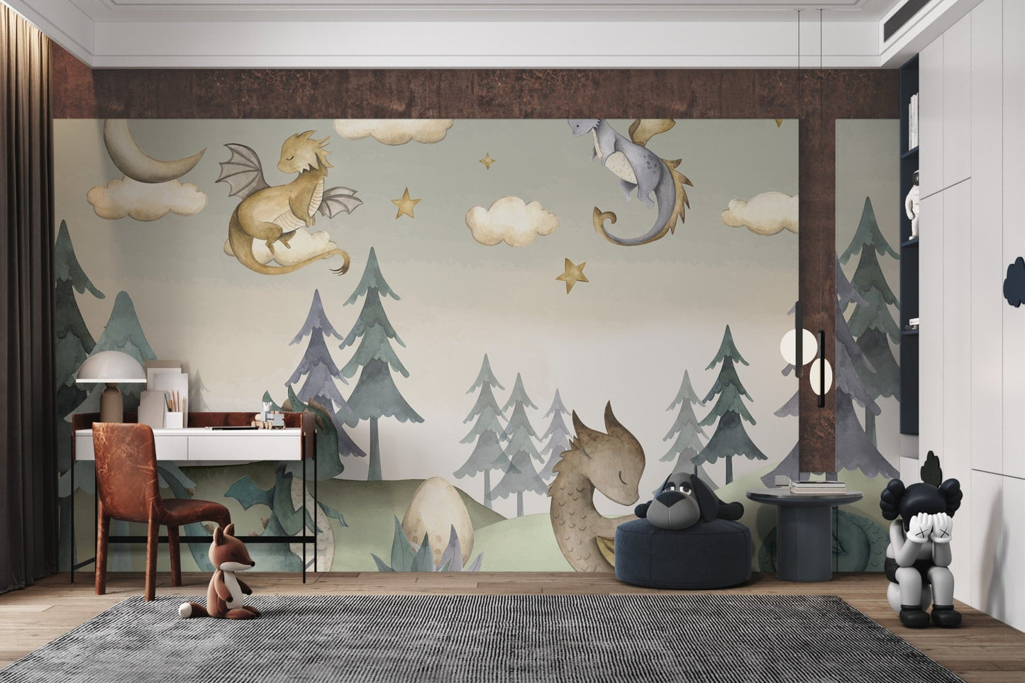 Grey and blue watercolor dragon wall mural for a quiet study area.