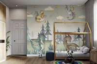 Sleeping green dragon and alpine pine trees wall mural for child bedroom.