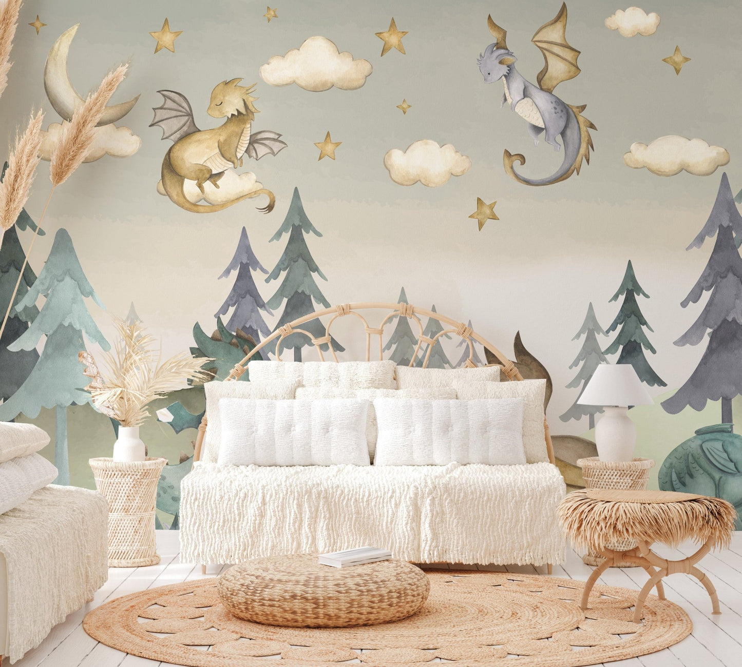 Forest-themed dragon mural with soft green hues and flying dragons.