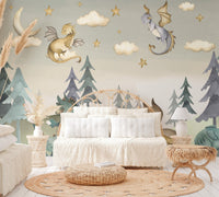 Forest-themed dragon mural with soft green hues and flying dragons.