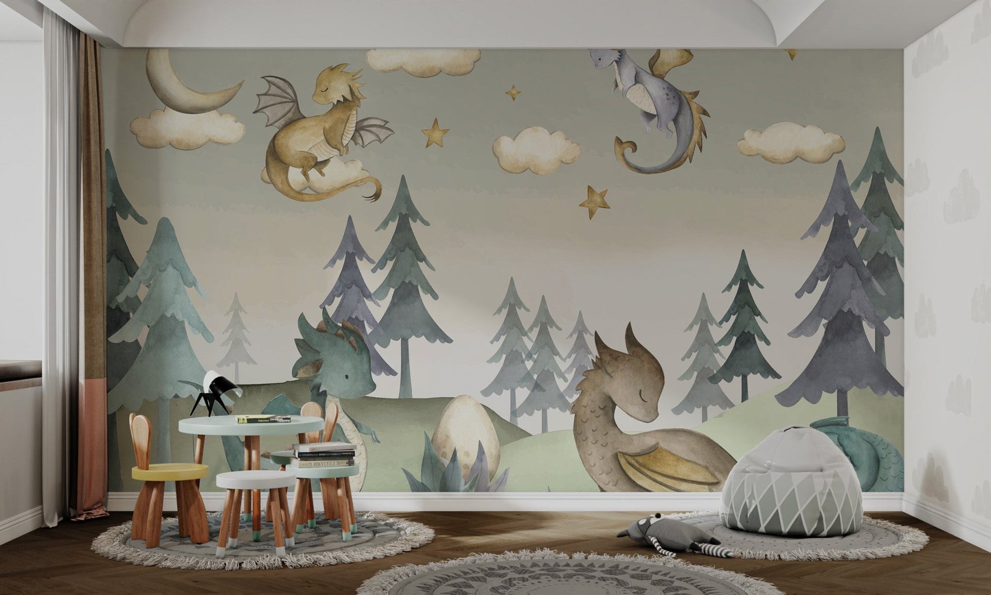 Enchanted Dragon Wall Mural with gold stars for creative playroom.