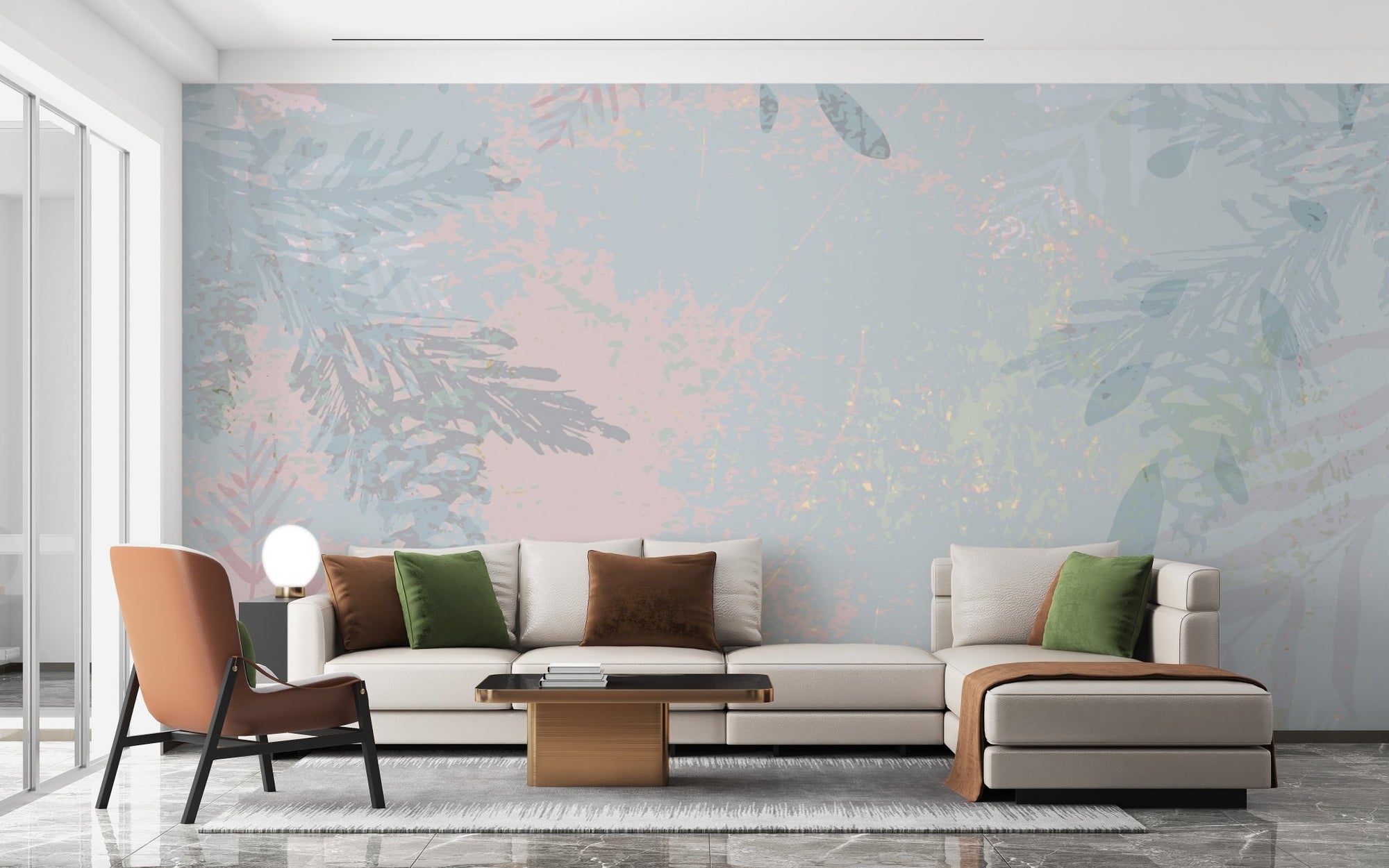 Enchanted Eden mural with lush botanical designs for living room walls.
