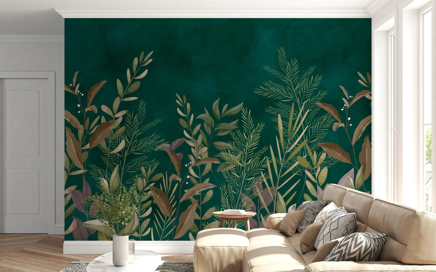 Dark green botanical wall mural behind a tan sectional in a modern living space