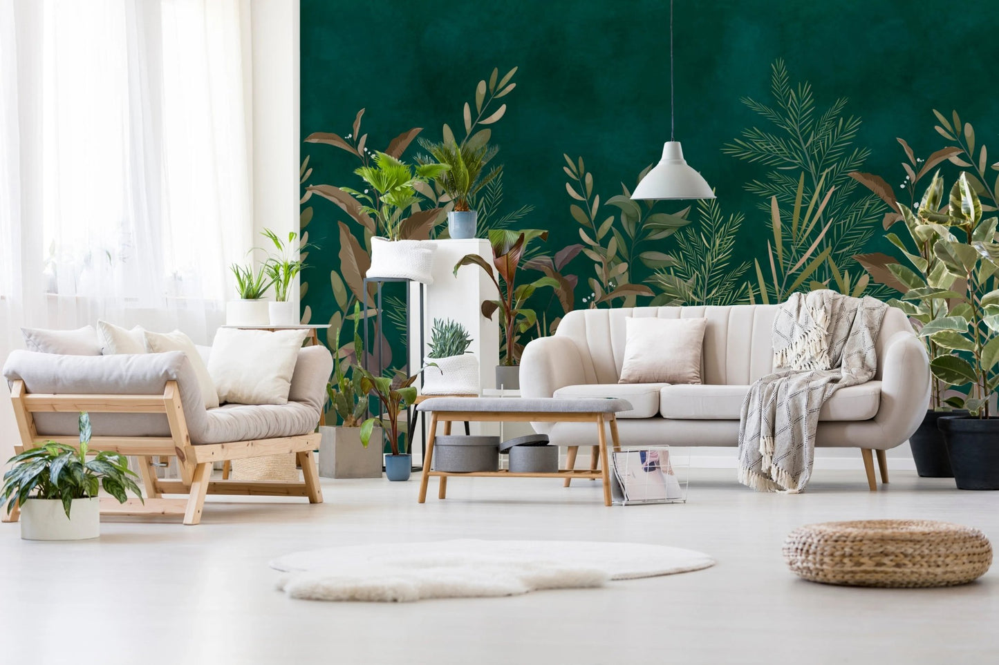 Enchanted Evergreen Botanical Wall Mural in a bright living with a beige sofa
