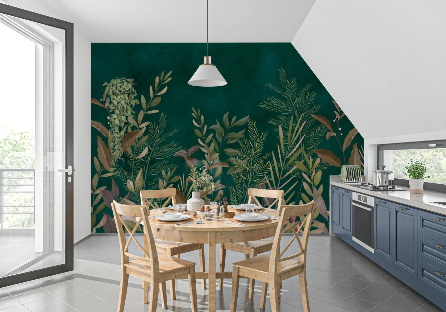 Dark green botanical wall mural in a dining area with a round wooden table