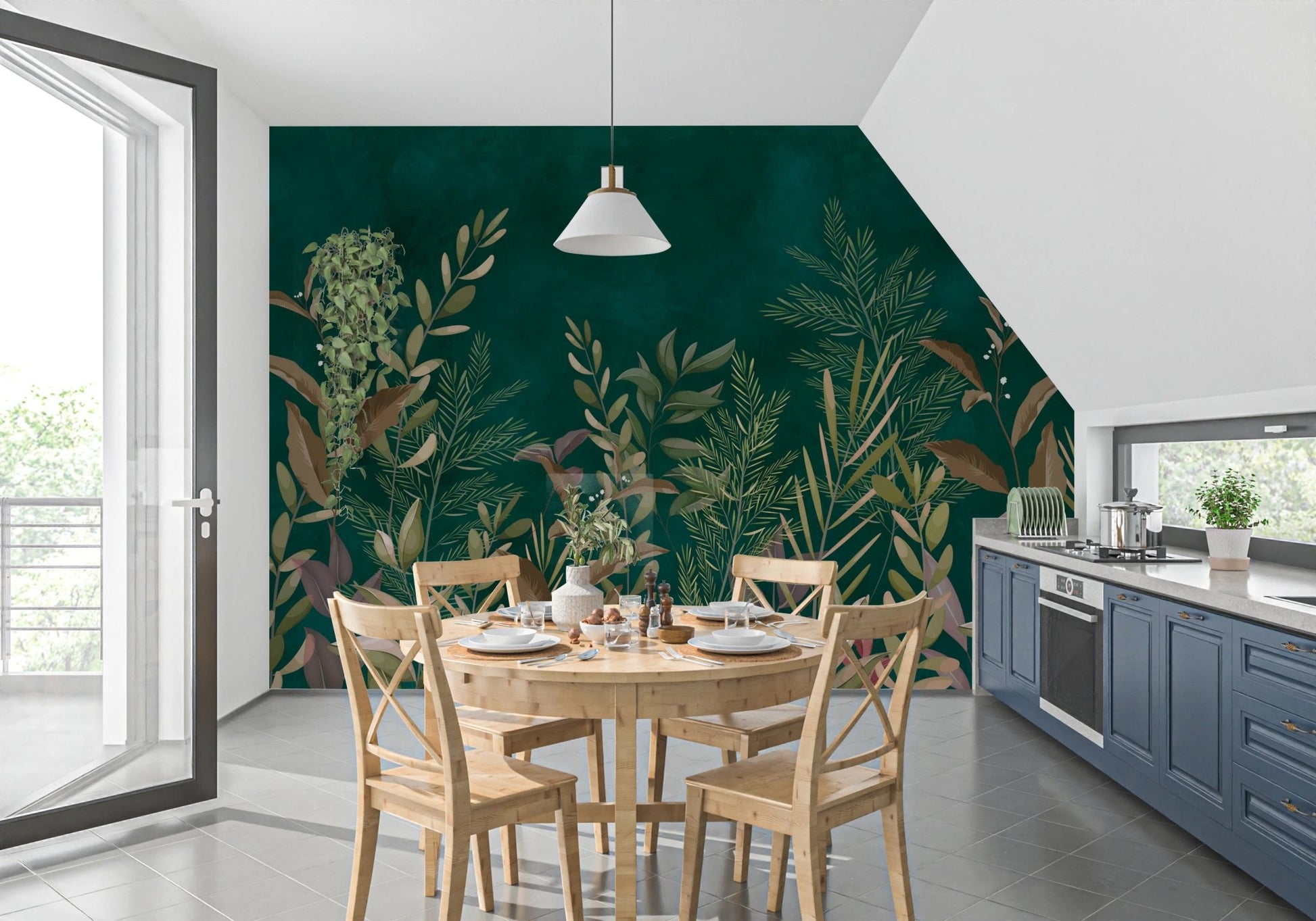 Dark green botanical wall mural in a dining area with a round wooden table