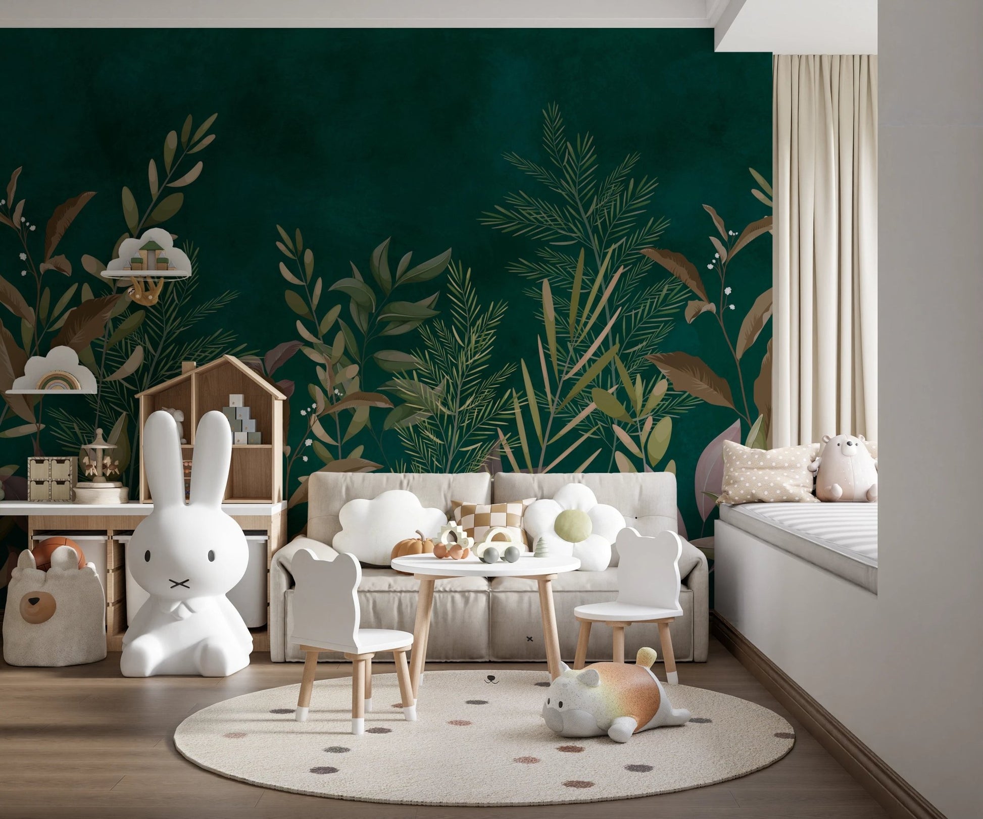 Deep emerald green leaf wall mural in a child's playroom with white furniture