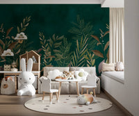 Deep emerald green leaf wall mural in a child's playroom with white furniture