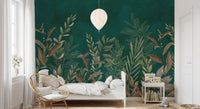 Enchanted Evergreen Botanical Wall Mural in a minimalist bedroom with white linens