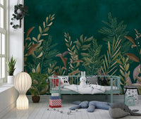Enchanted Evergreen Botanical Wall Mural in a nursery with a green crib and toys