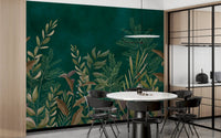 Dark green botanical wall mural in a modern dining room with black chairs