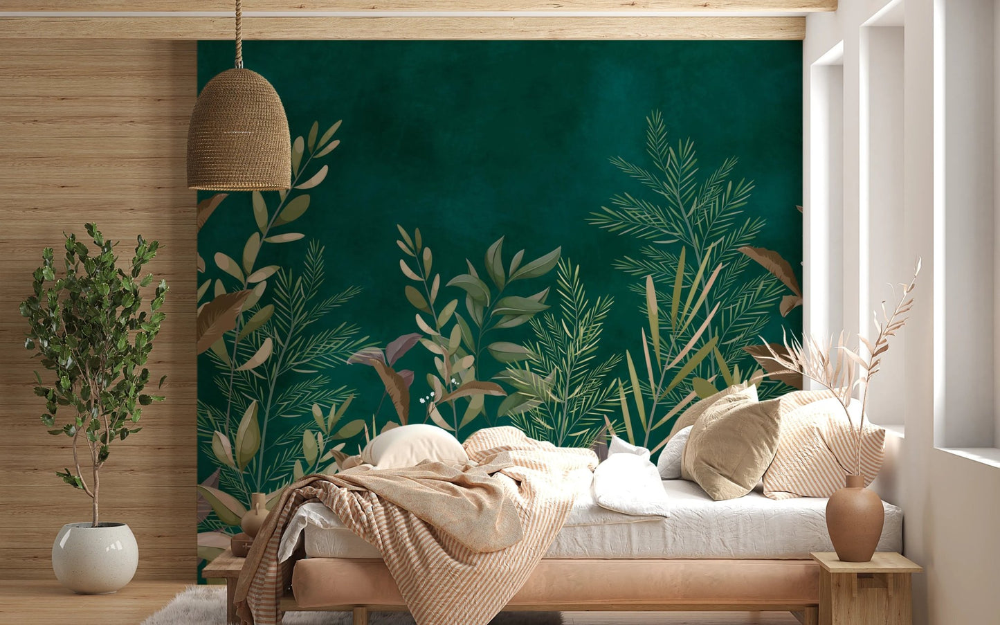 Botanical print wall mural in a bedroom with neutral bedding and wooden accents