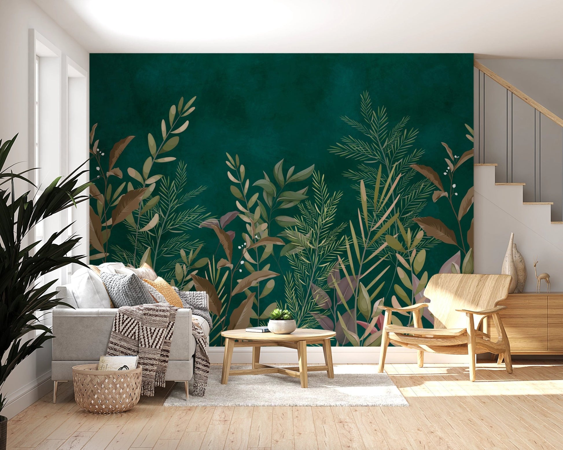Enchanted Evergreen Botanical Wall Mural in a sunlit room with wooden flooring