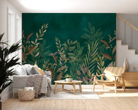 Enchanted Evergreen Botanical Wall Mural in a sunlit room with wooden flooring