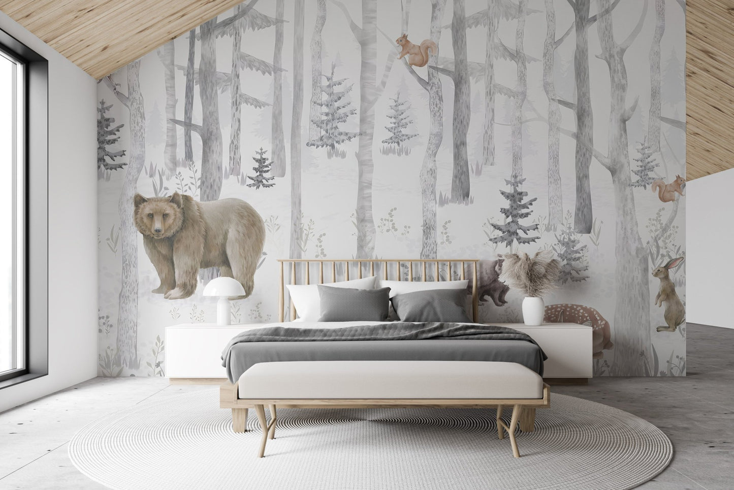 Minimalist grey birch trees and brown bear wall mural for bright bedroom.
