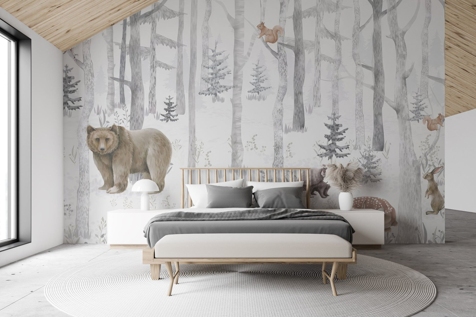 Minimalist grey birch trees and brown bear wall mural for bright bedroom.