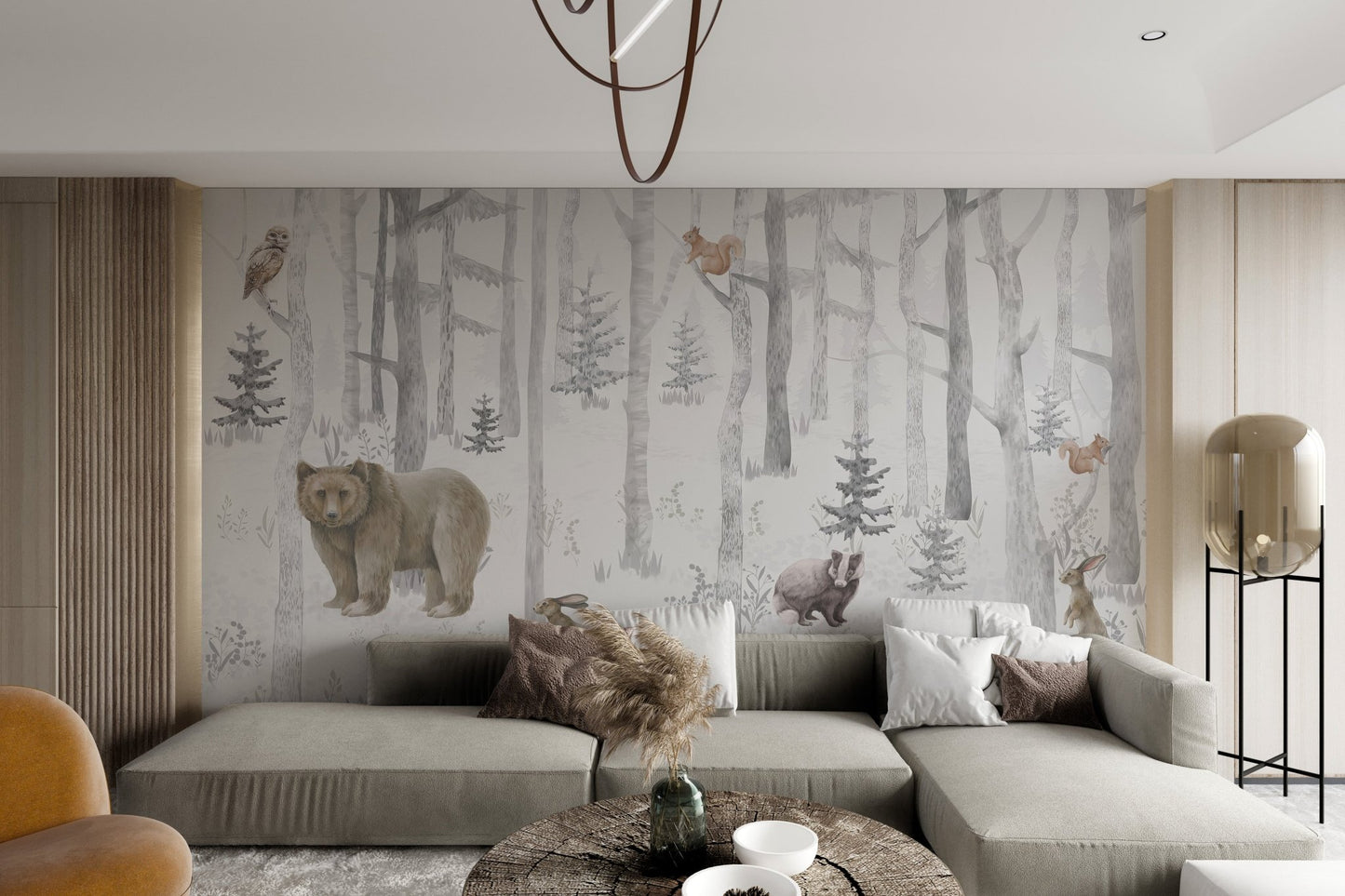 Neutral tone forest trees with various woodland creatures wall mural
