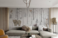 Neutral tone forest trees with various woodland creatures wall mural