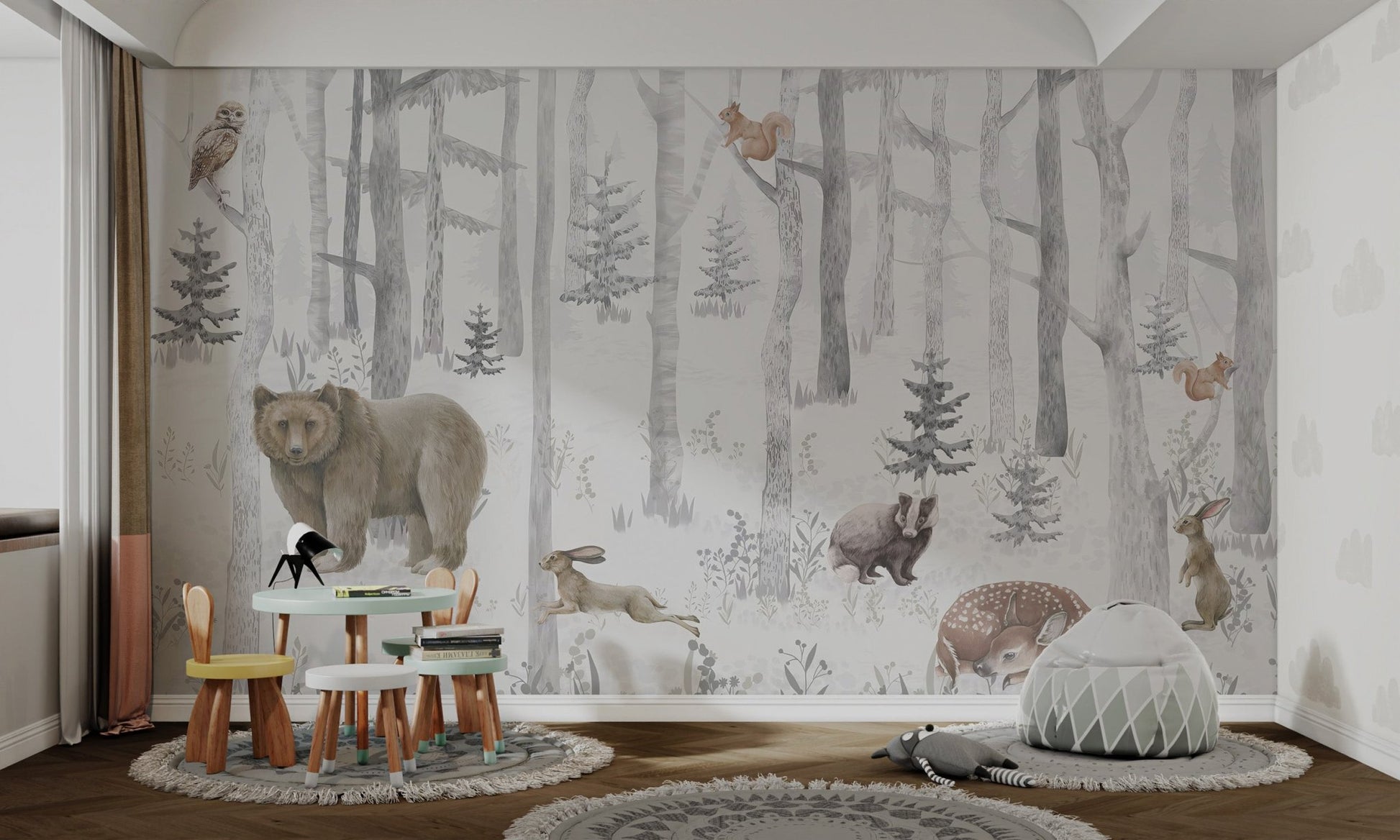 Standing rabbit and squirrels on branches in forest animal wall mural