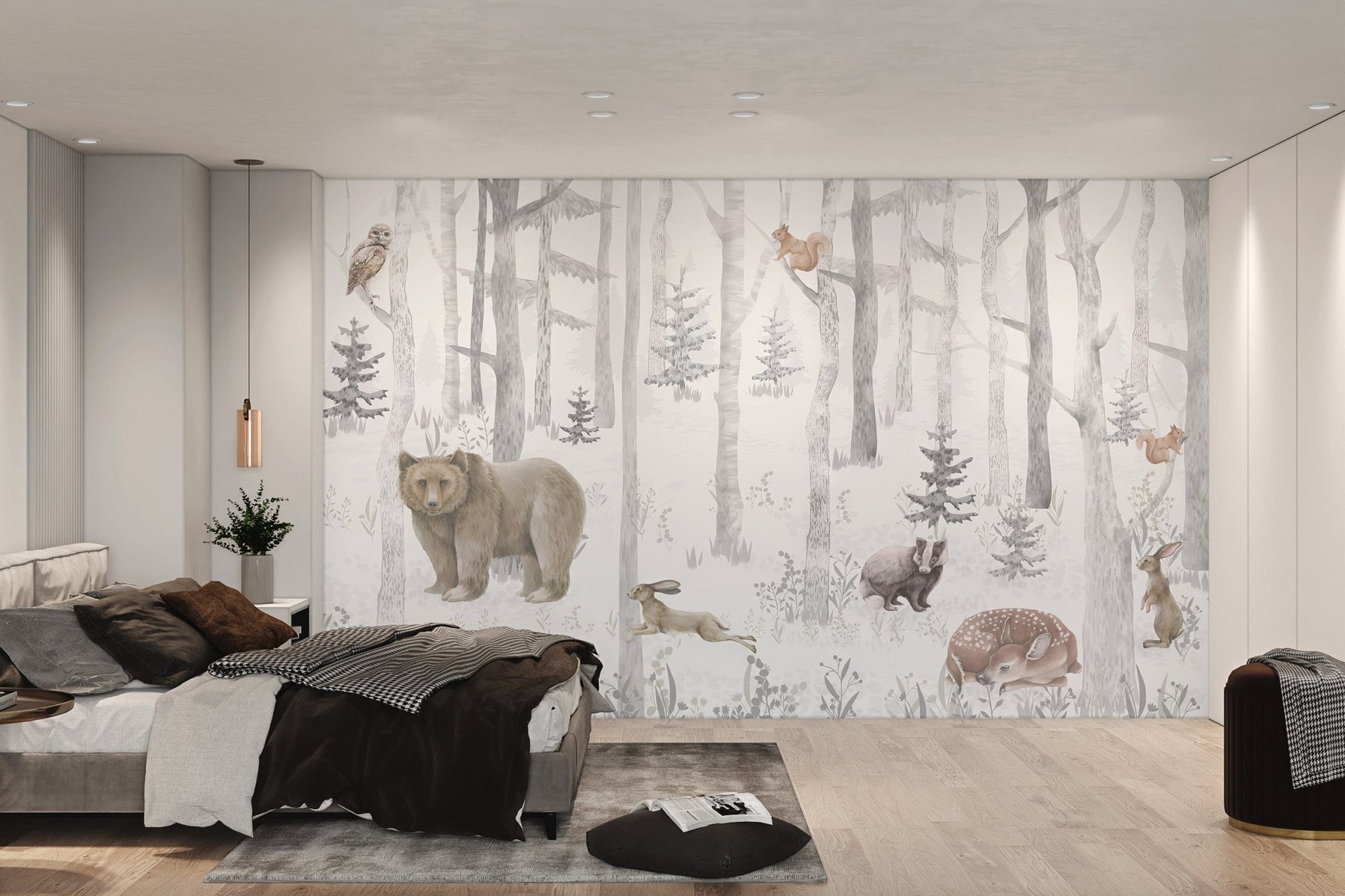 Watercolor bear and birch trees in grey for modern bedroom wall mural