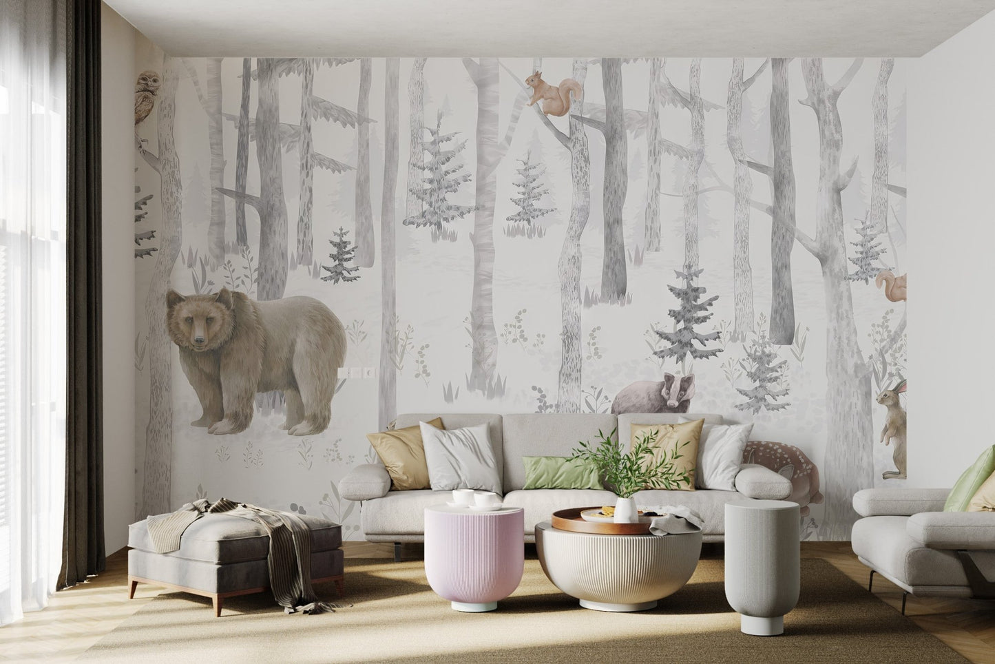 Grey and brown woodland fauna wall mural with badger for living room.
