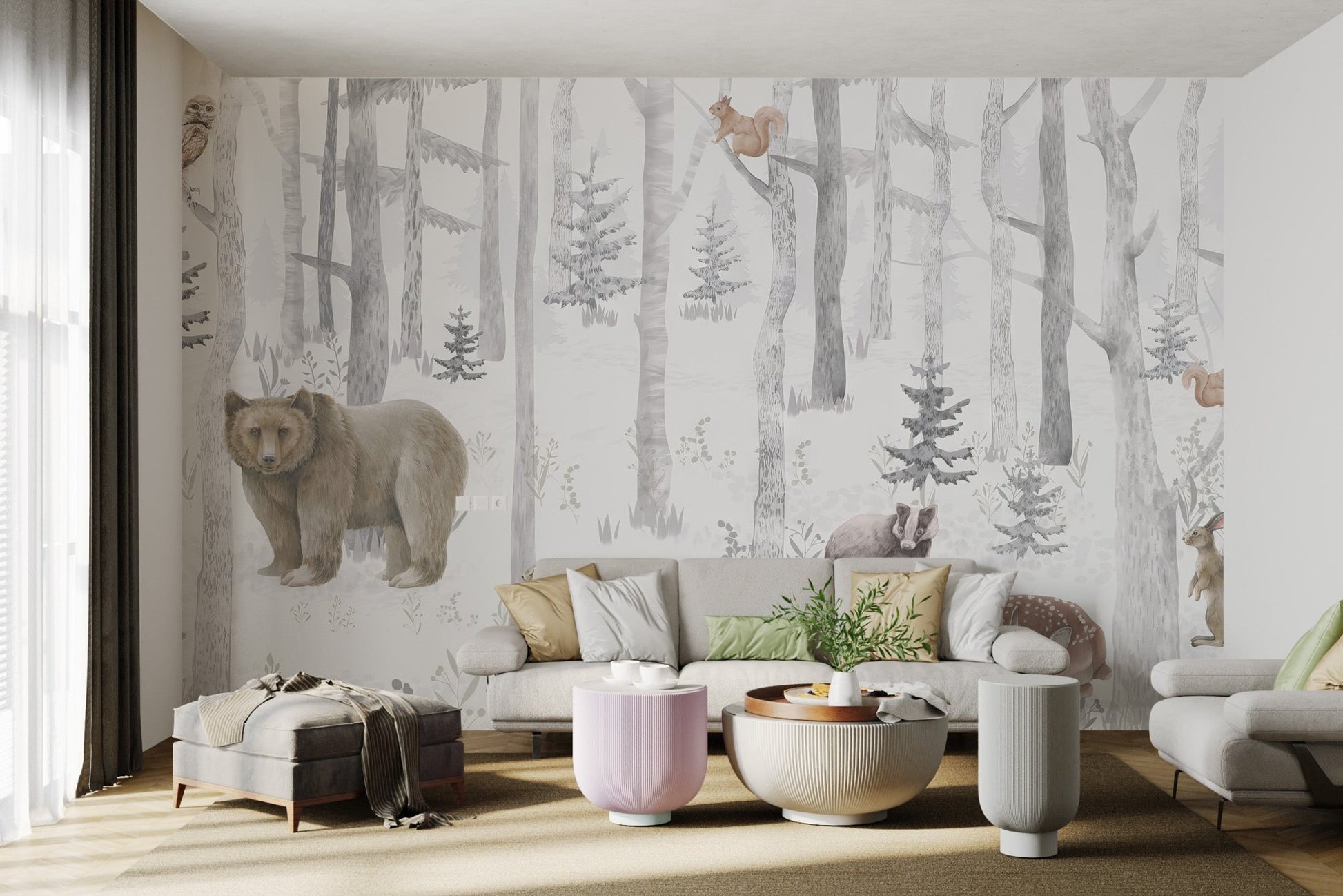 Grey and brown woodland fauna wall mural with badger for living room.