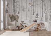 Owl perched on branch in grey woodland scene for playroom wall mural.