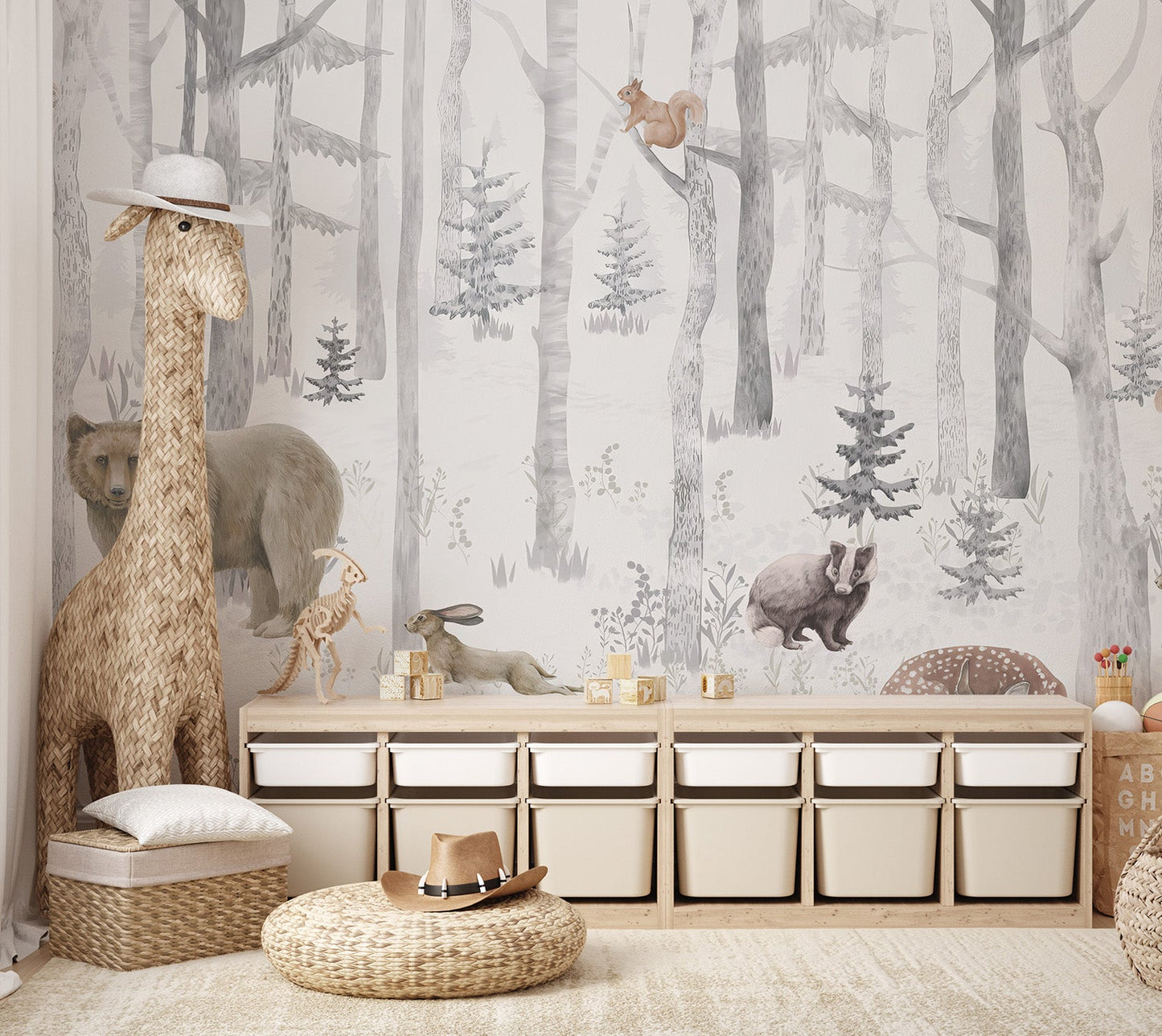 Hand painted style birch forest with woodland animals wall mural