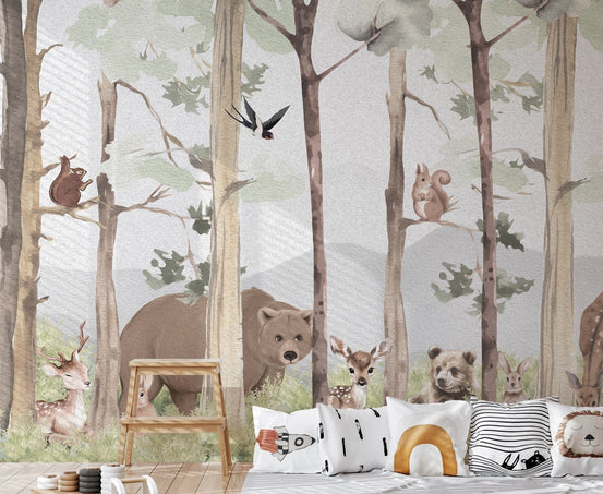 Nursery wall mural with brown bear and deer among forest.