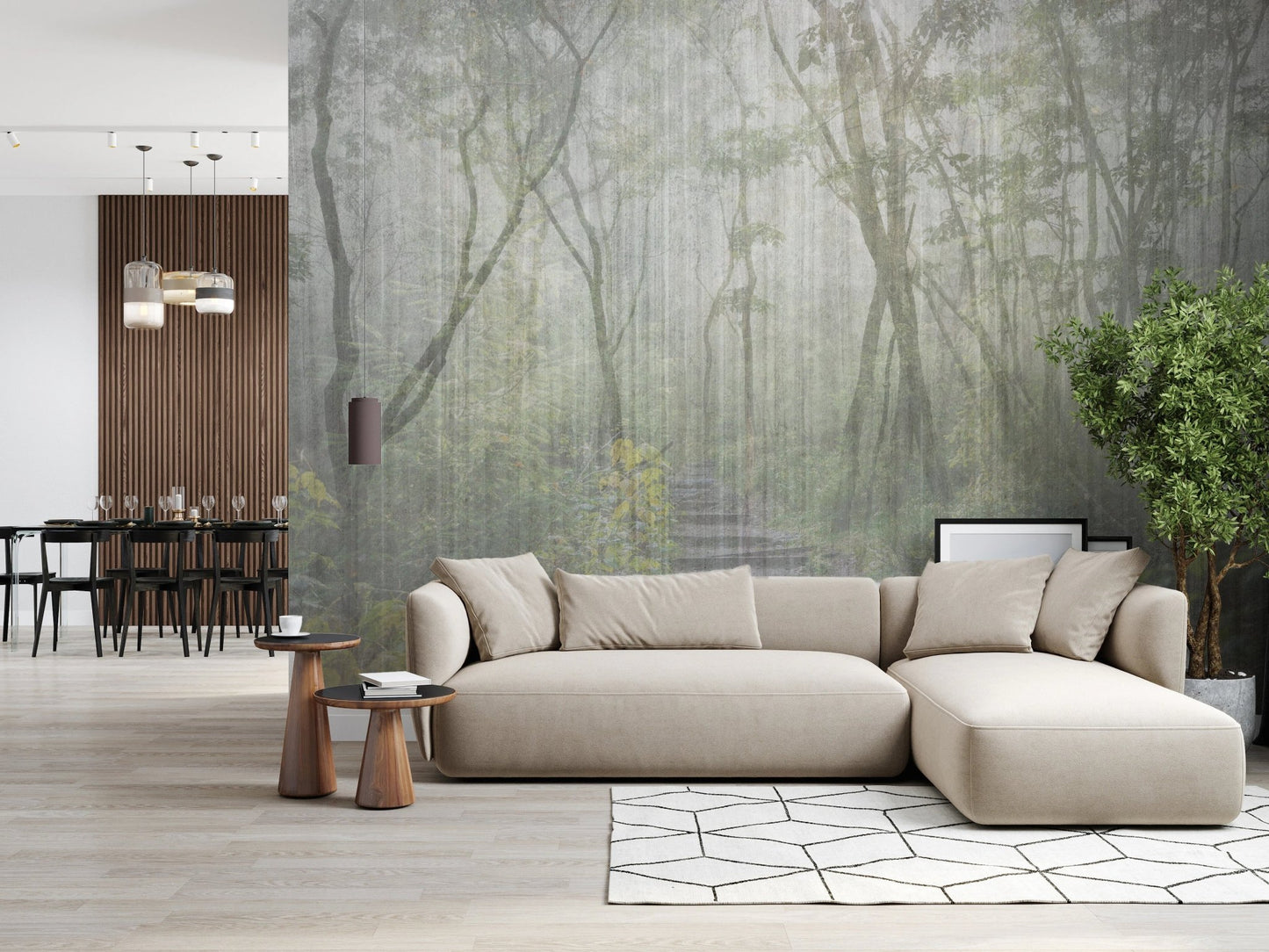 Foggy forest path wall mural in an open-plan dining and living area.