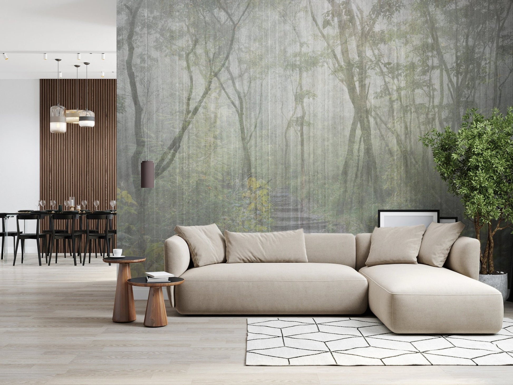 Foggy forest path wall mural in an open-plan dining and living area.