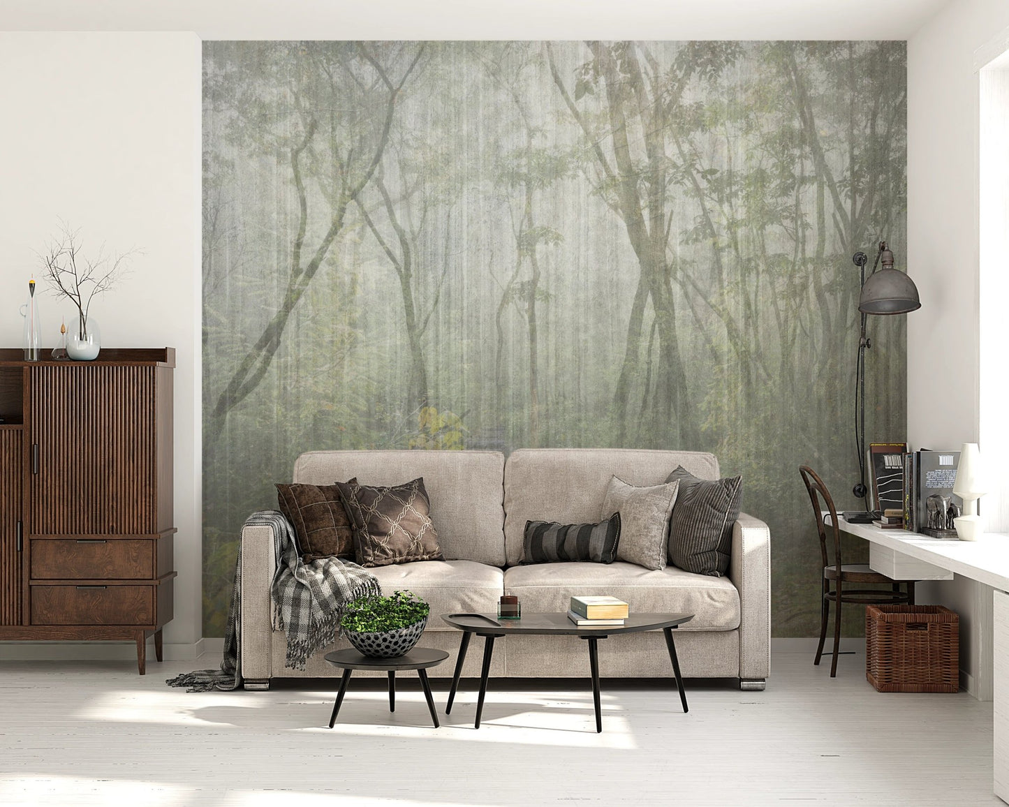 Enchanted Forest Trail Wall Mural behind a beige sofa and wooden side table.
