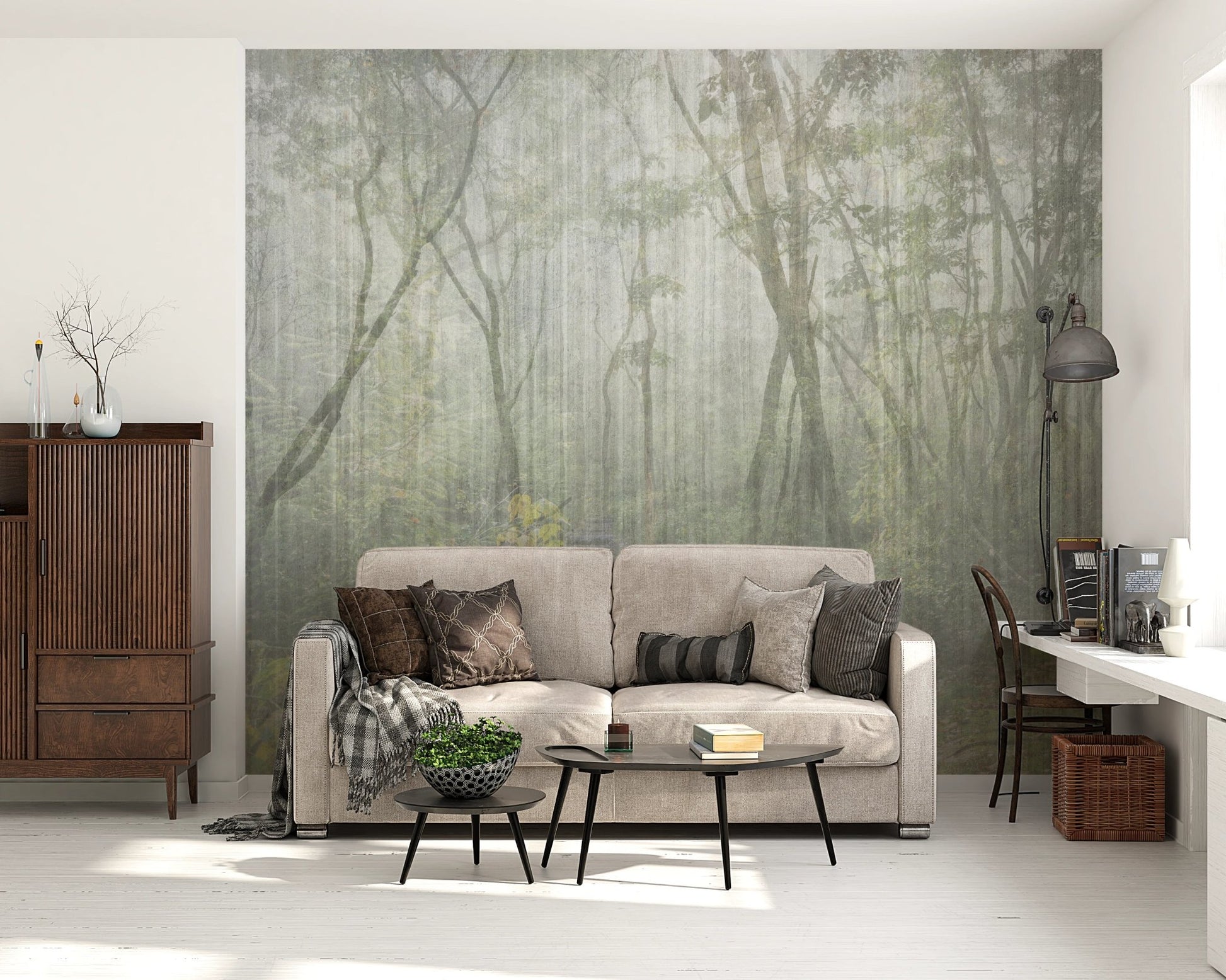 Enchanted Forest Trail Wall Mural behind a beige sofa and wooden side table.