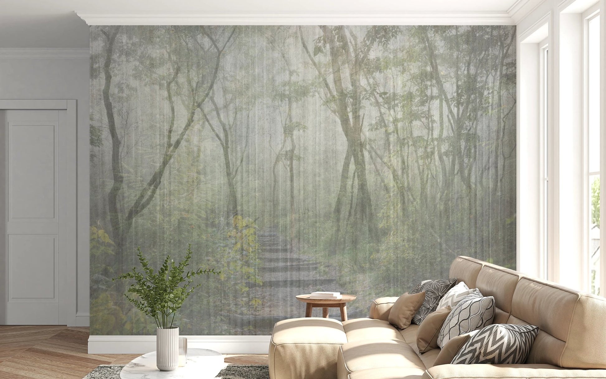 Textured forest mural used as a feature wall in a neutral living room.