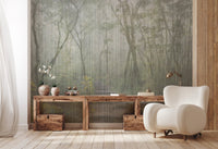 Forest scenery wall mural with a rustic wooden console table and white armchair.