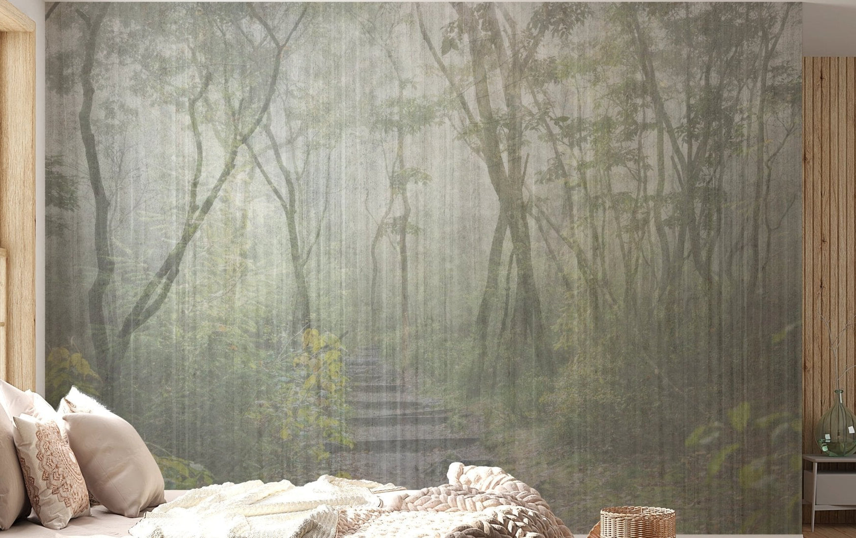 Enchanted Forest Trail Wall Mural featuring trees in a sunlit bedroom.