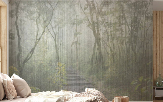 Enchanted Forest Trail Wall Mural featuring trees in a sunlit bedroom.