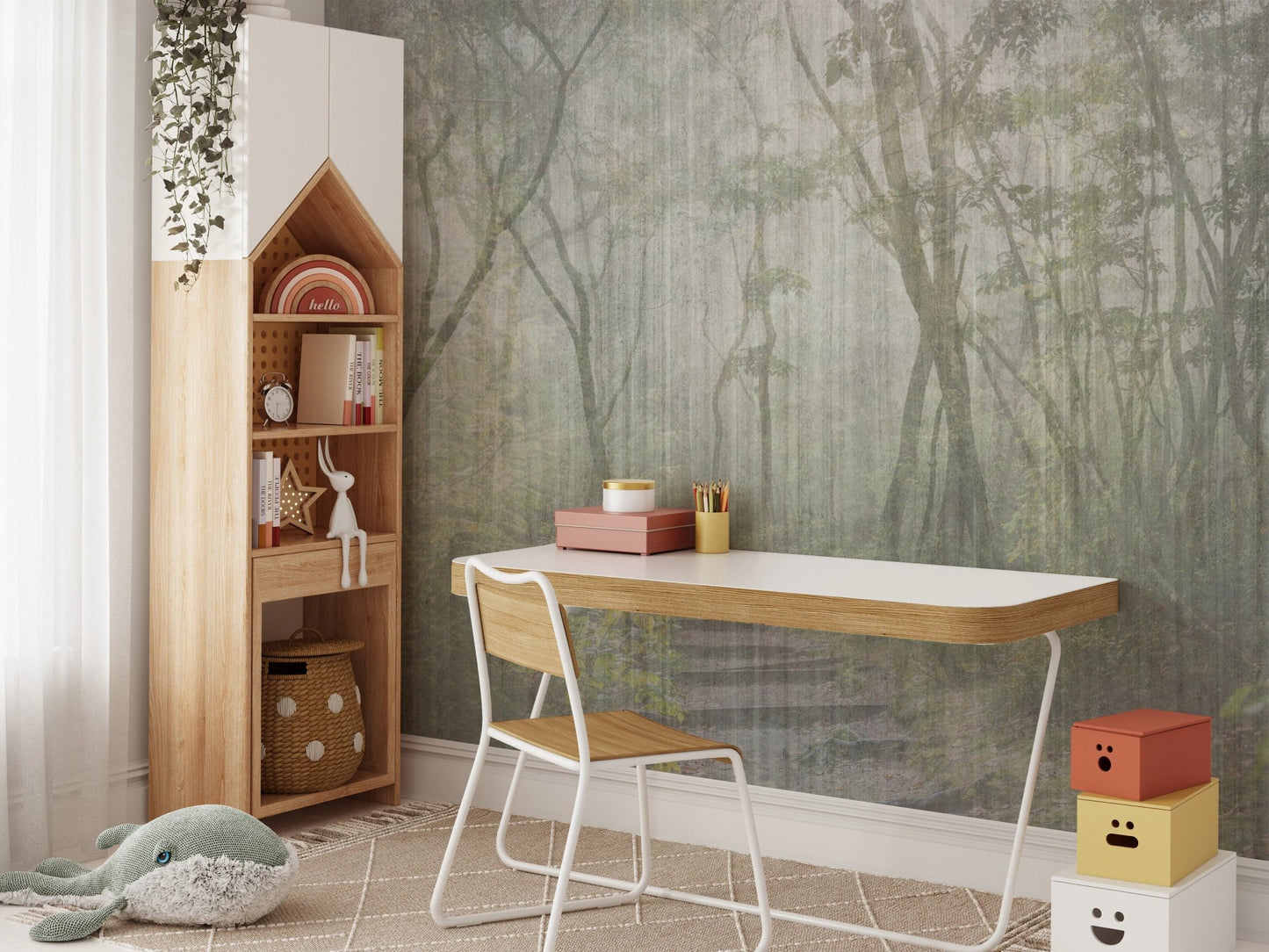 Mist-covered forest wall mural behind a minimalist study desk and wooden chair.