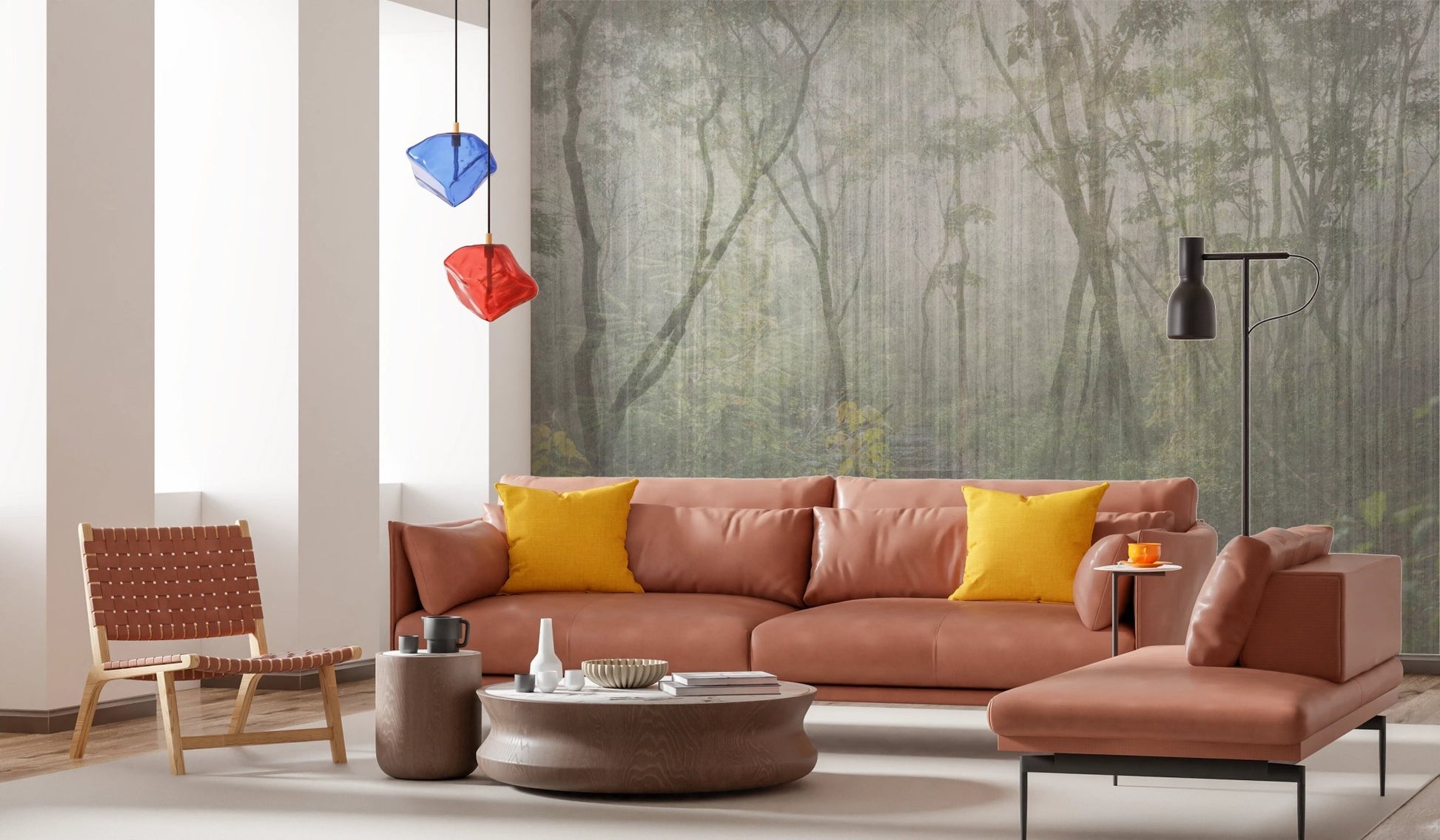 Green forest wall mural with a wooden path behind a brown leather sofa.