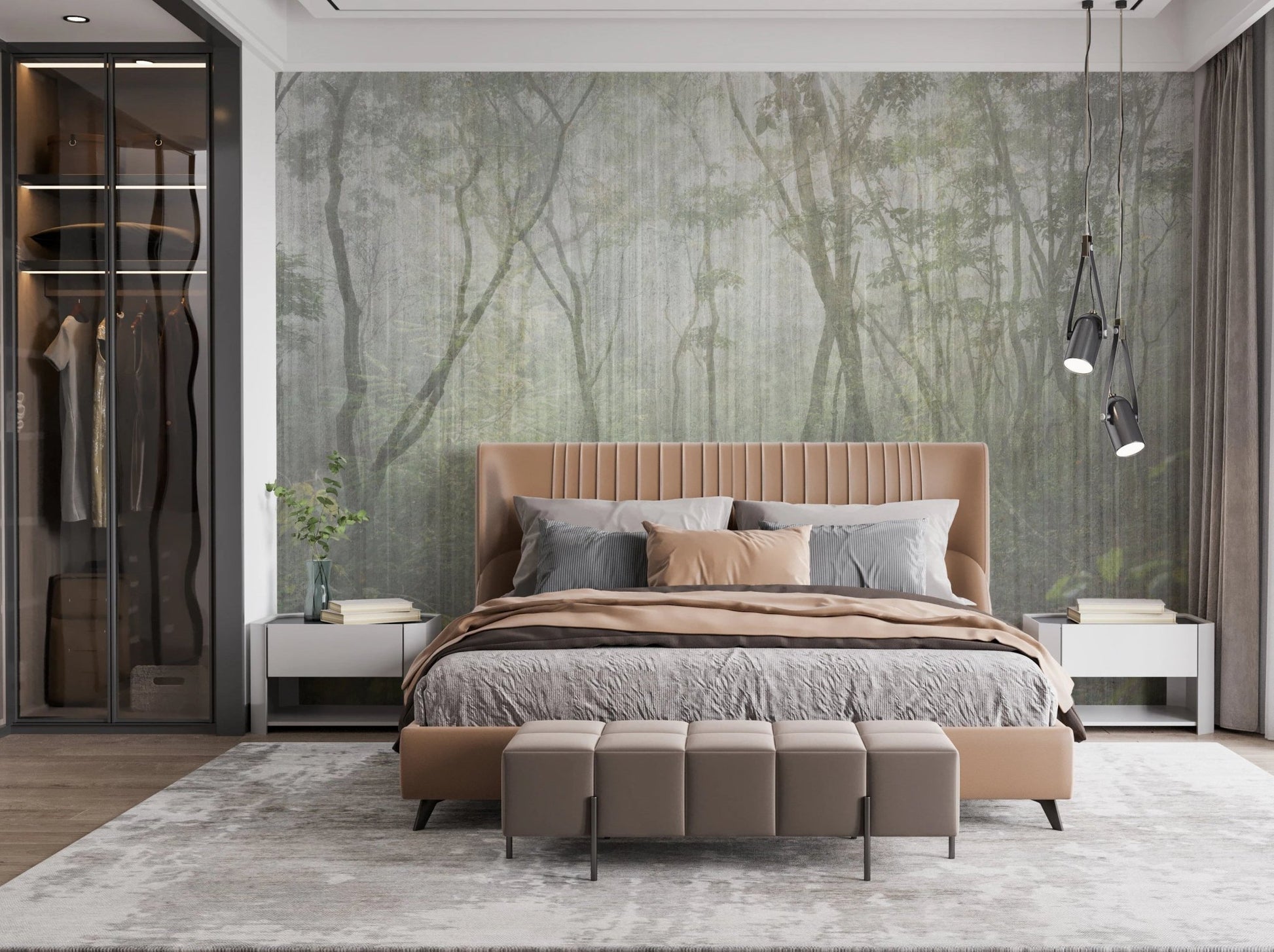 Dark wood bed frame against an Enchanted Forest Trail Wall Mural in a bedroom.