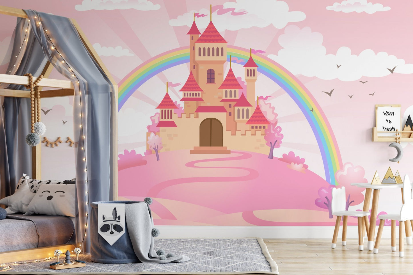 Princess-themed castle mural with enchanted details for toddler room decor.
