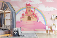 Princess-themed castle mural with enchanted details for toddler room decor.
