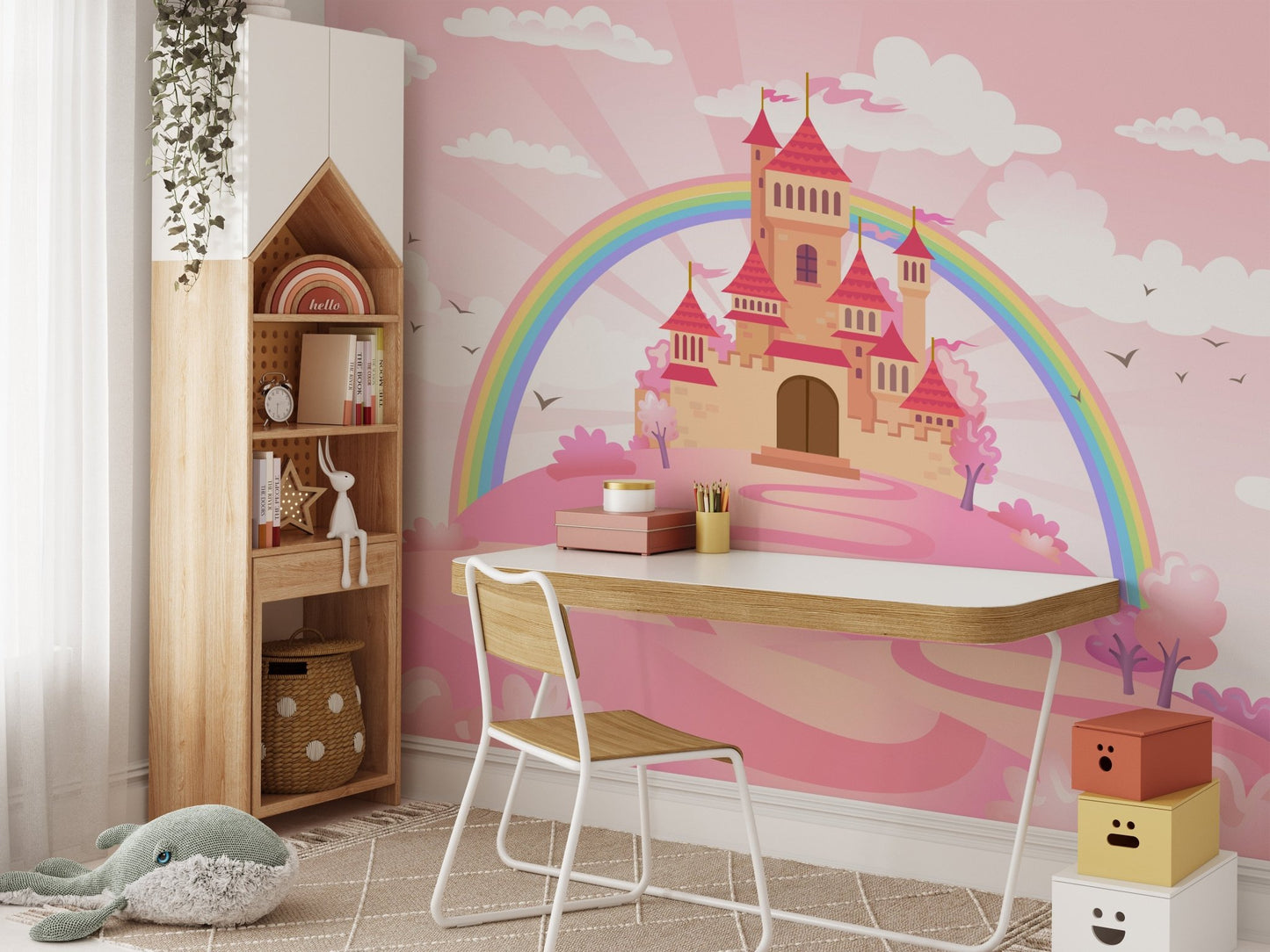 Elegant wall mural with an enchanted princess castle design in study area.
