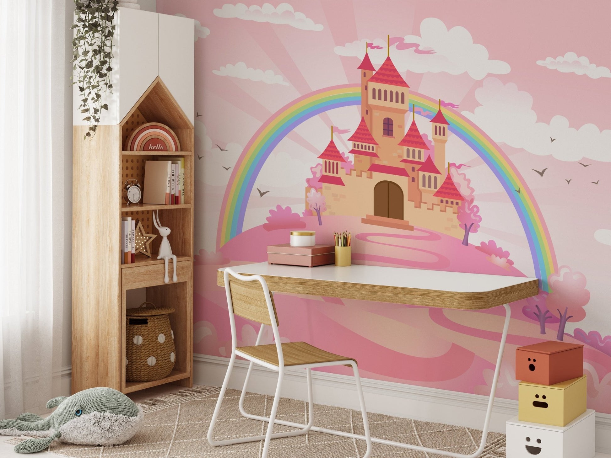 Elegant wall mural with an enchanted princess castle design in study area.
