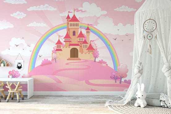 Enchanted princess castle mural with magical fairytale charm in kids room.
